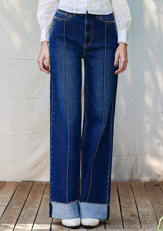 Folded Hem Wide Leg Jeans: Dark Stone