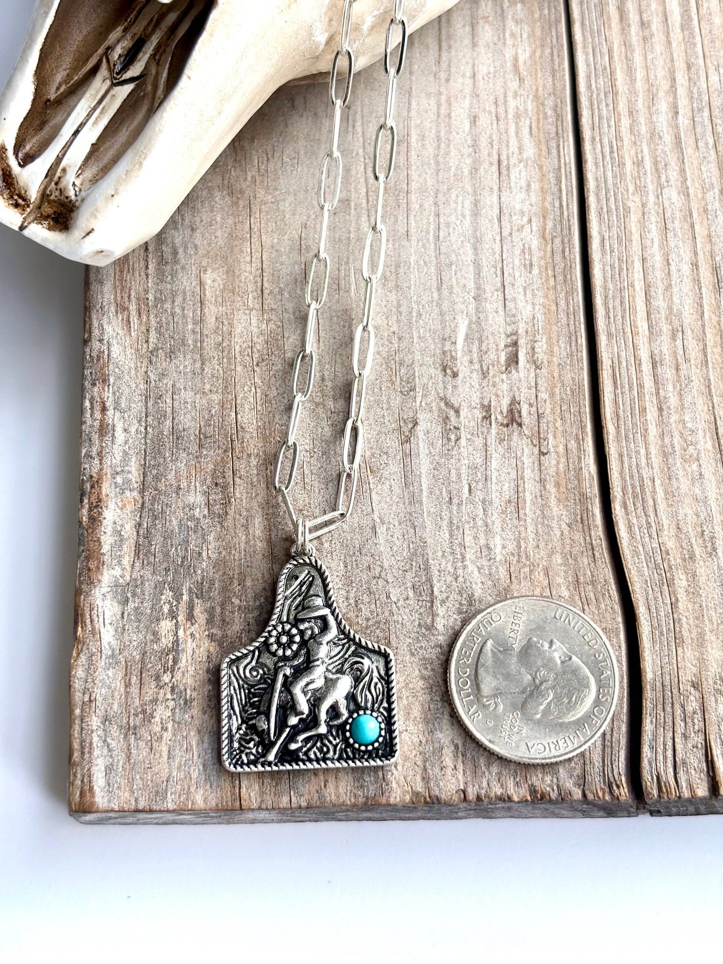 Western Cowboy Scenery EARTAG Pendant Stone Chain Necklace: Turquoise