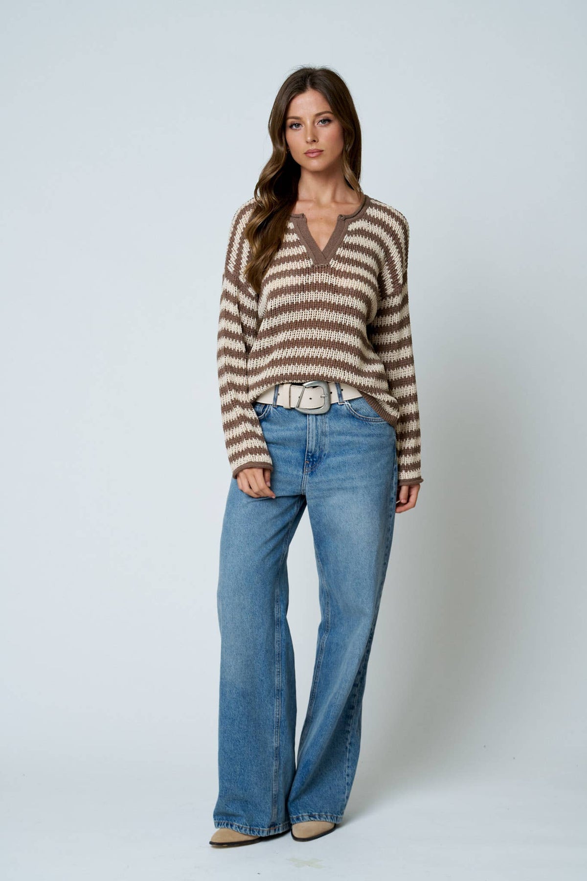 STRIPE RAW EDGE SPLIT NECK SHEER KNIT SWEATER : MOCHA