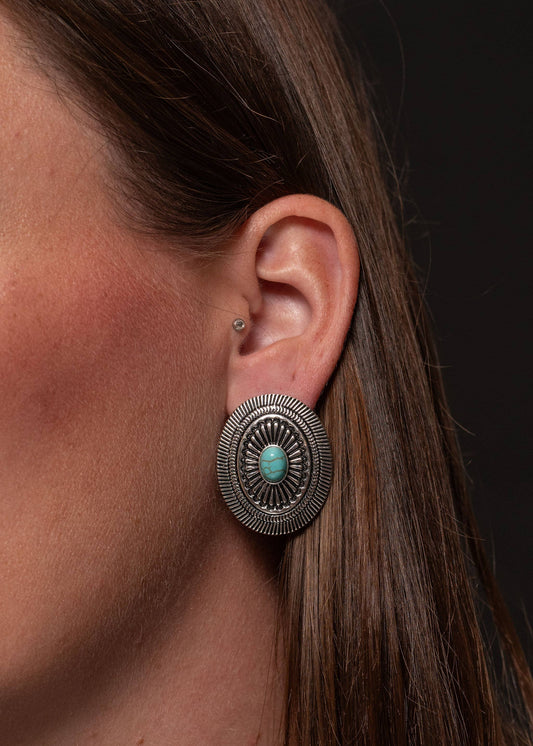 1.5" Oval Concho Post Earrings with Turquoise Accent
