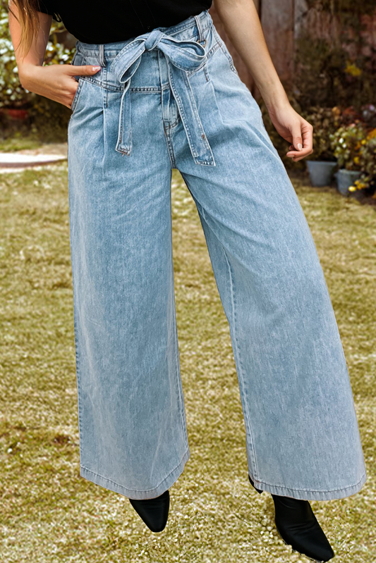 Western Washed Bow Knot Sash Wide Leg Jeans