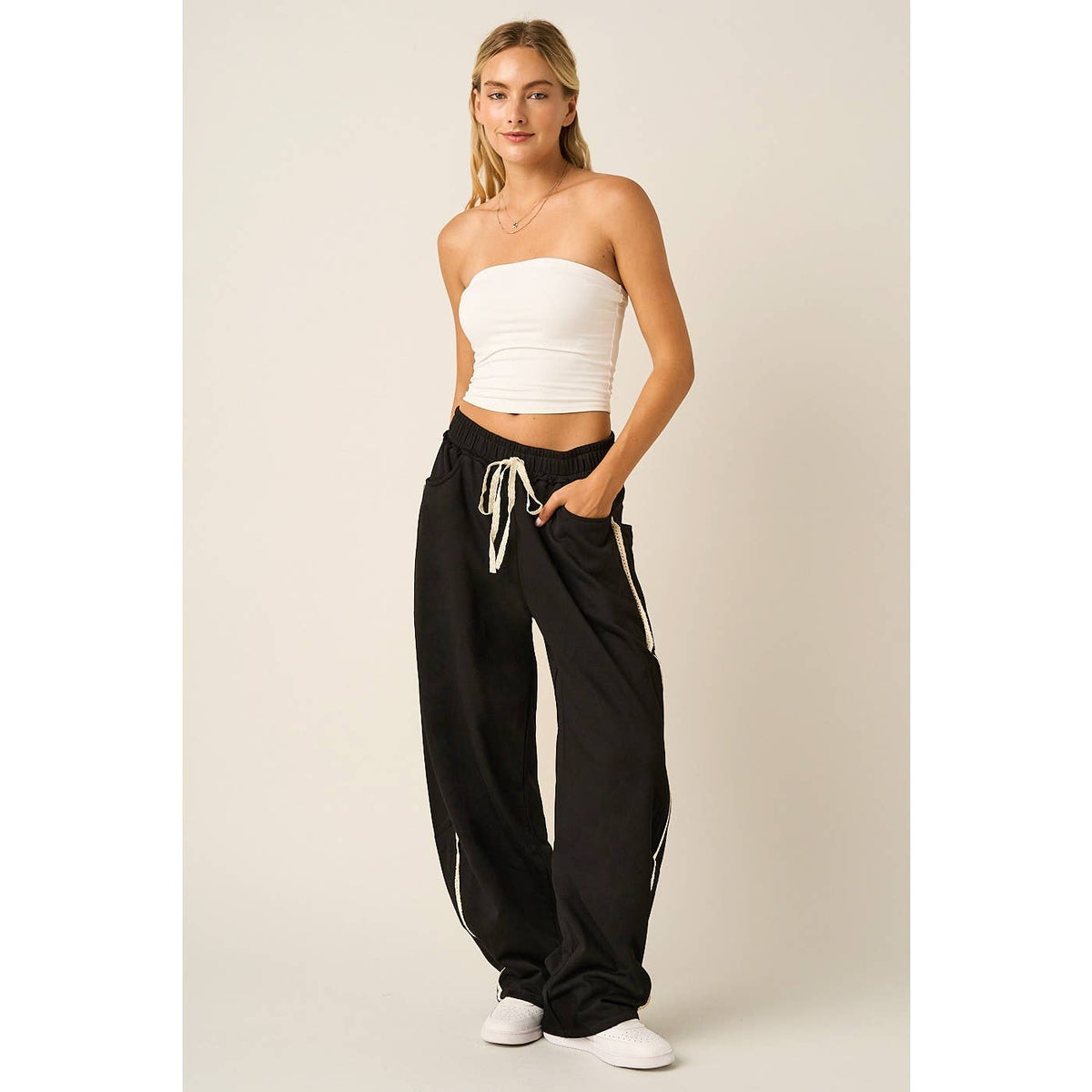 LACE TRIM BARREL LEG DRAWSTRING PANTS: MOCHA MOUSSE / S-M-L(2-2-2)