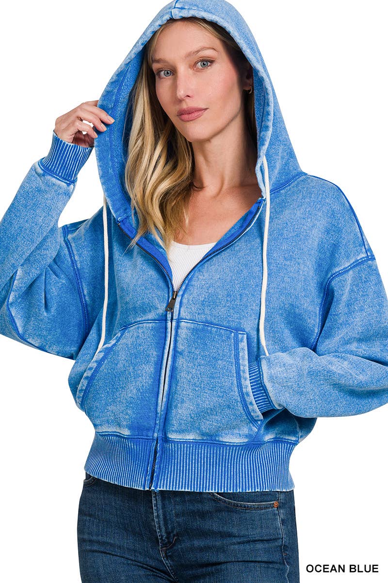 `Acid Wash Fleece Cropped Zip Up Hoodie - Zenana: MOCHA-159846 / S
