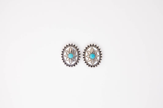 .75" Oval Flower Concho Post Earring w/ Turquoise Accent: Silver