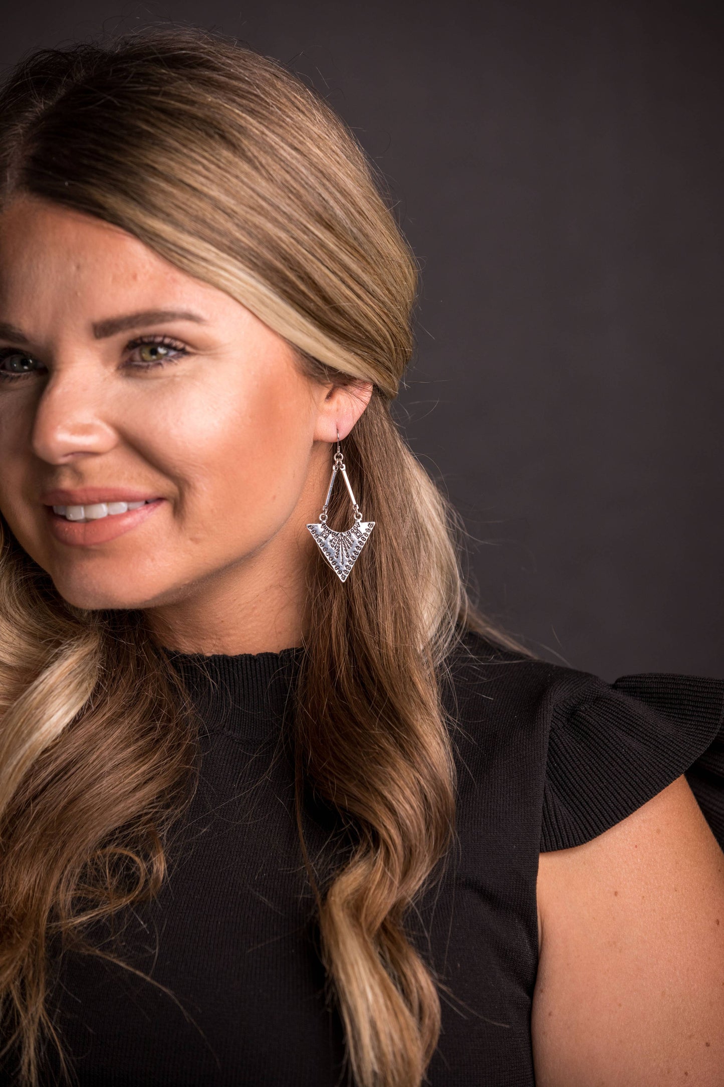 Burnished Silver Triangle Stamped Drop Earring