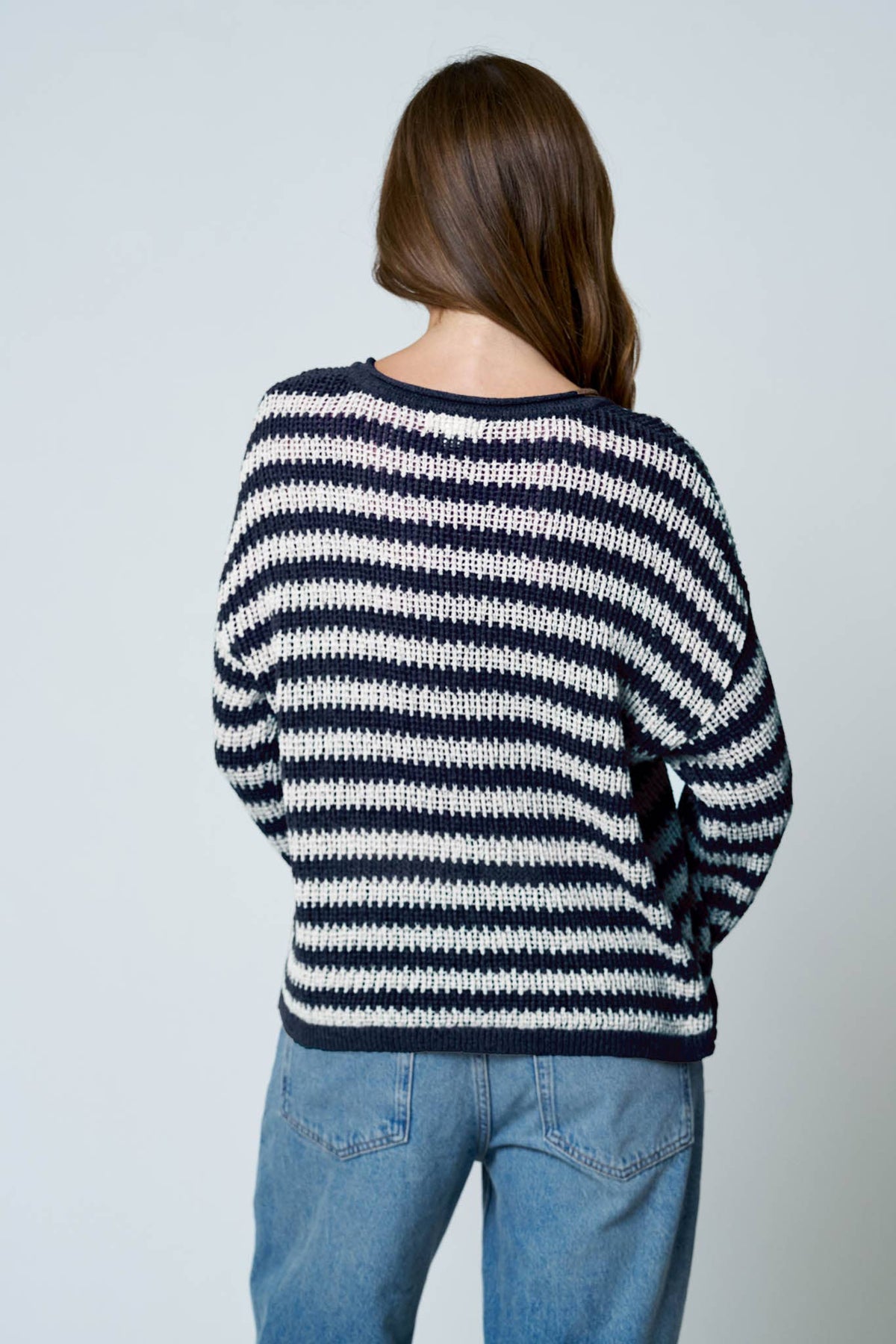STRIPE RAW EDGE SPLIT NECK SHEER KNIT SWEATER : MOCHA