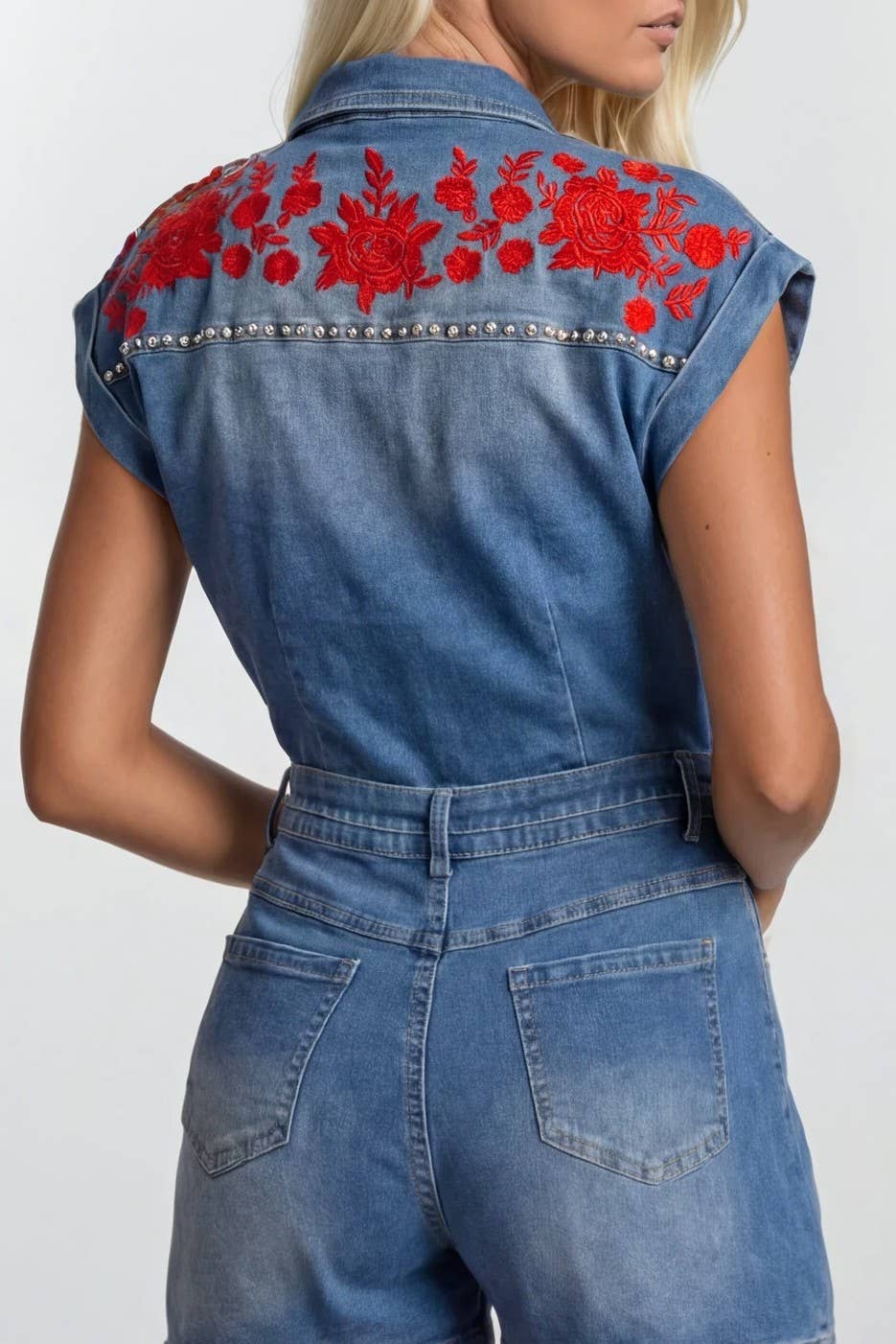 EMBROIDERED BELTED DENIM ROMPER