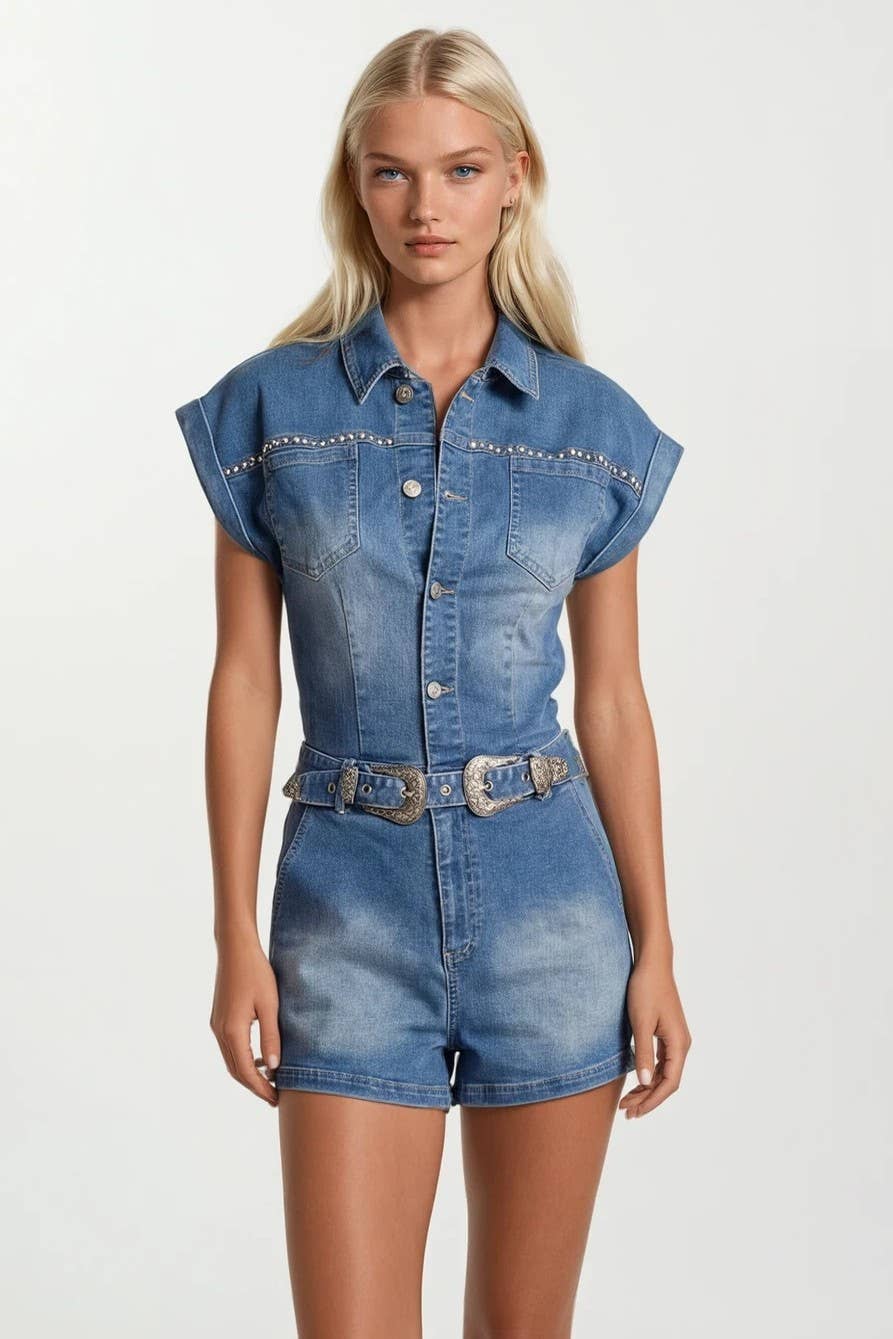 EMBROIDERED BELTED DENIM ROMPER