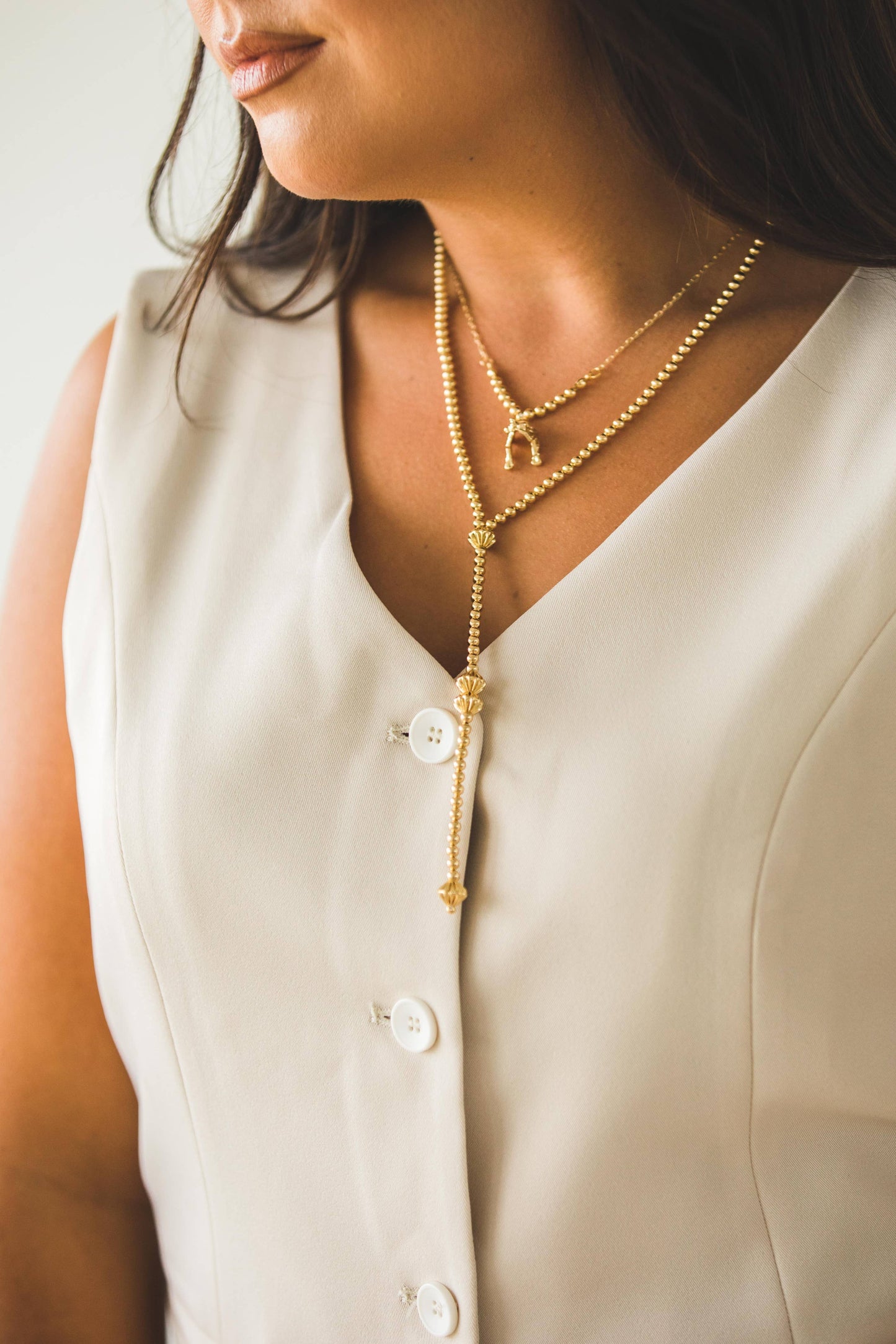 18" 18K Gold Plated Beaded Y Necklace with 5" Tail: White Gold