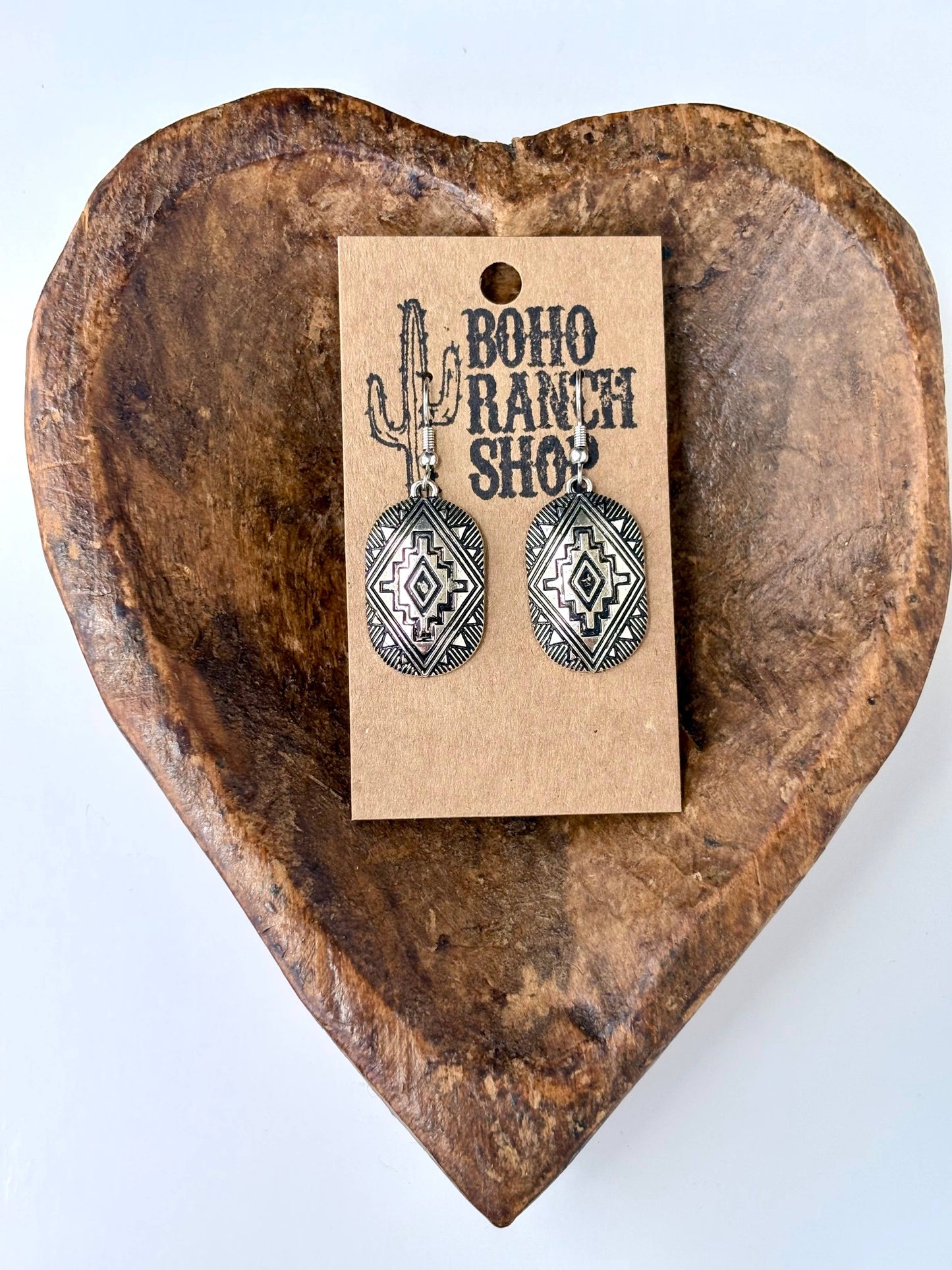 Western Engraved Aztec Drop Dangle Earrings: Silver