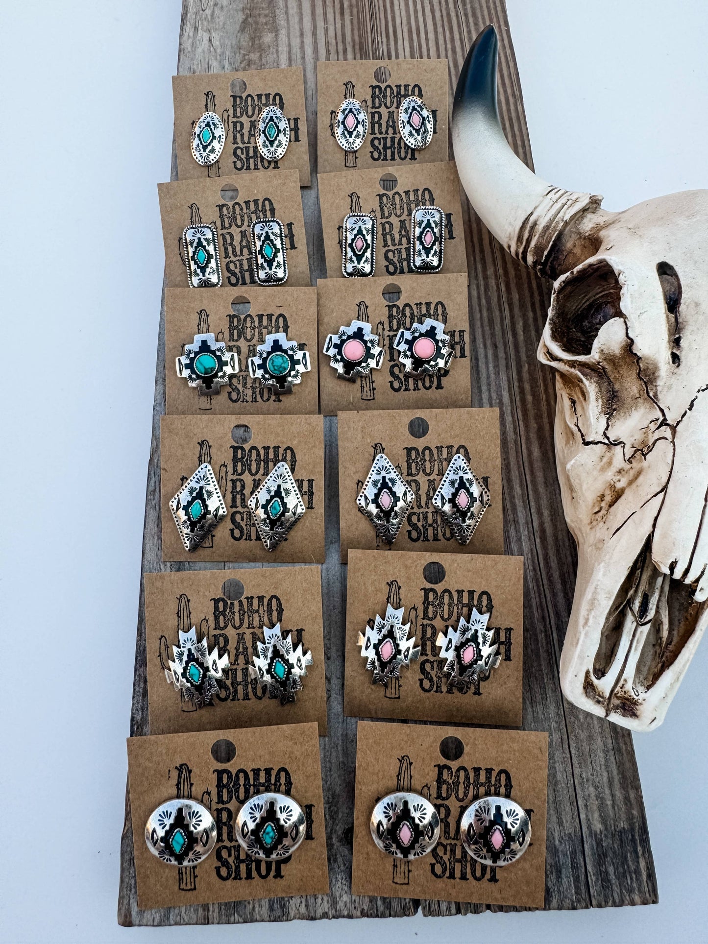 Western Hand Stone Aztec Post Earrings - turquoise pink: STYLE 3 - CROSS TURQUOISE