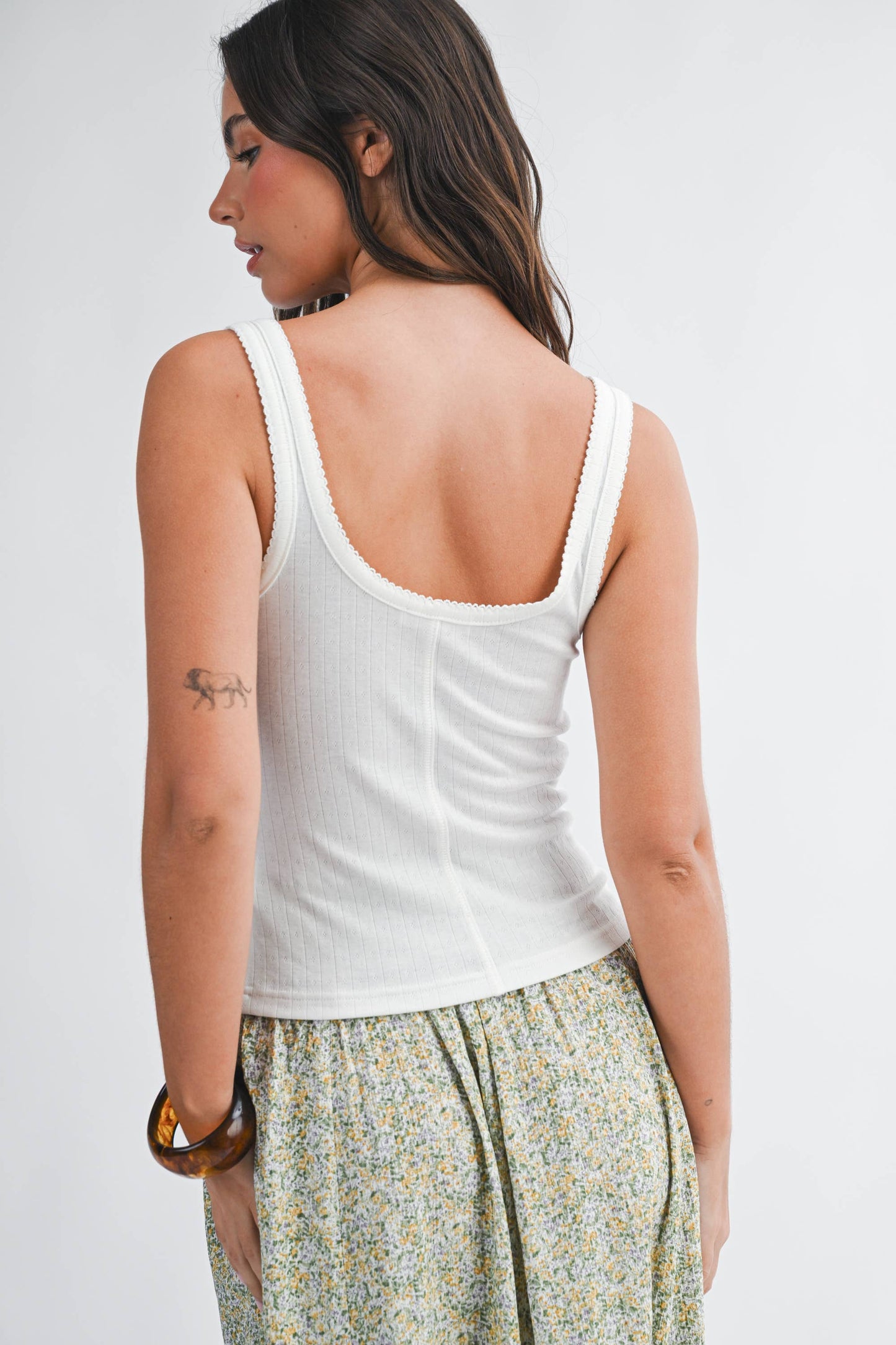 Pointelle Button Front Cami Tank: White