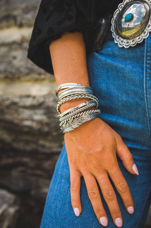 18K White Gold Plated Stamped Cuff with Feather Accent