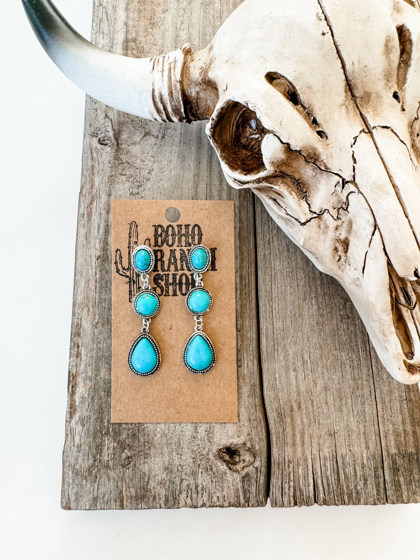 Western Tier Drop Earrings - Round Stone with Teardrop Stone: TURQUOISE
