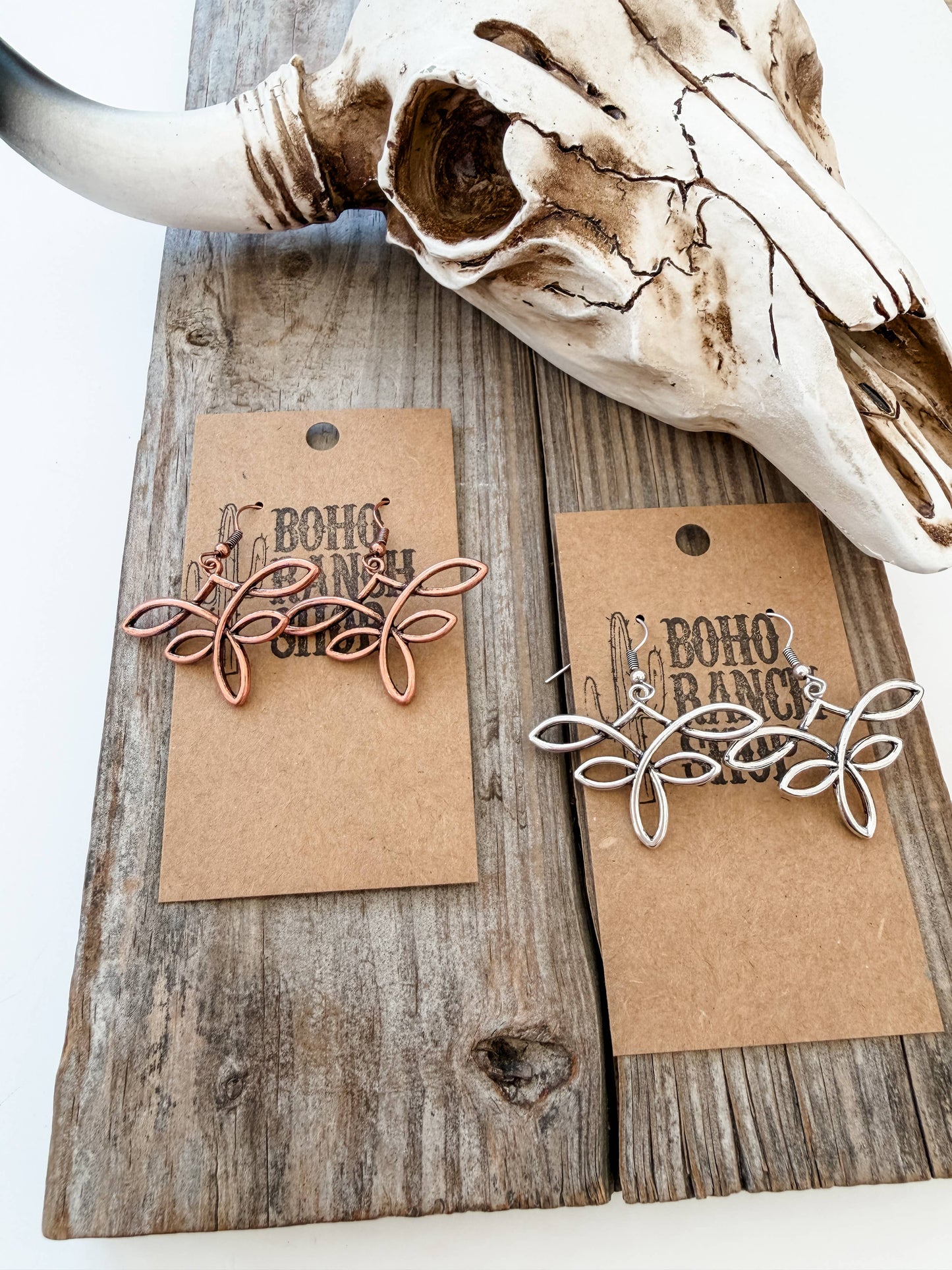 Western Boot Stitch Dangle Earrings: Silver