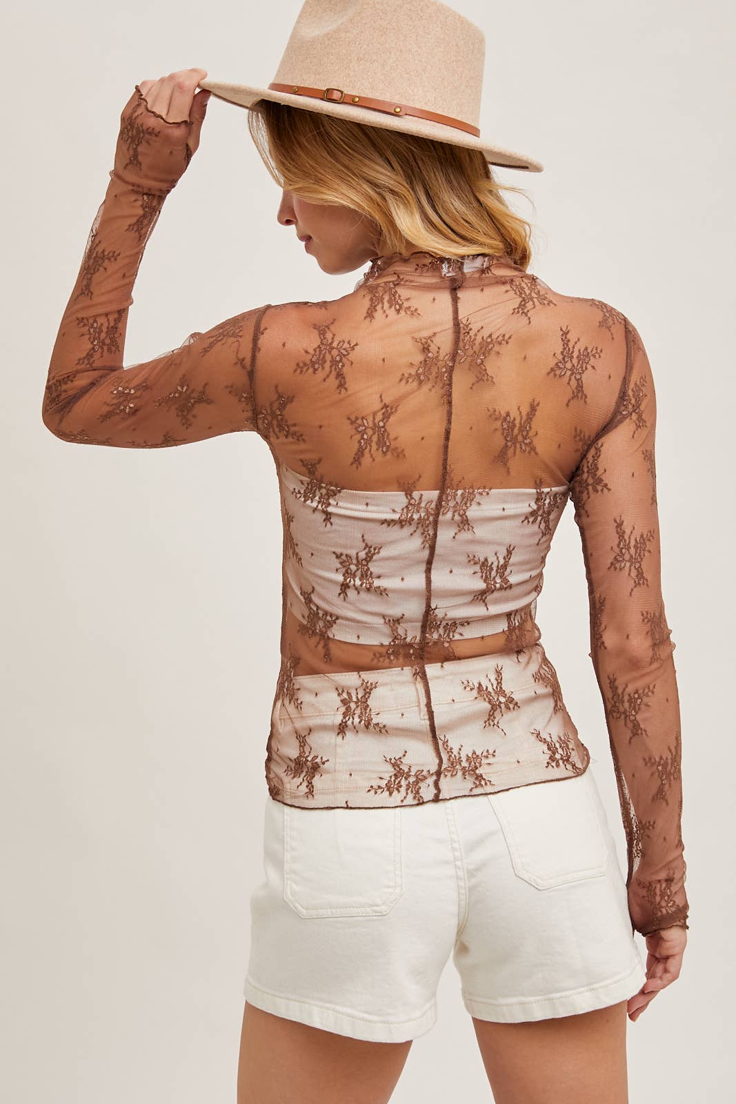 FLORAL EMBROIDERY LACE MESH LAYERING TOP: HAZELNUT
