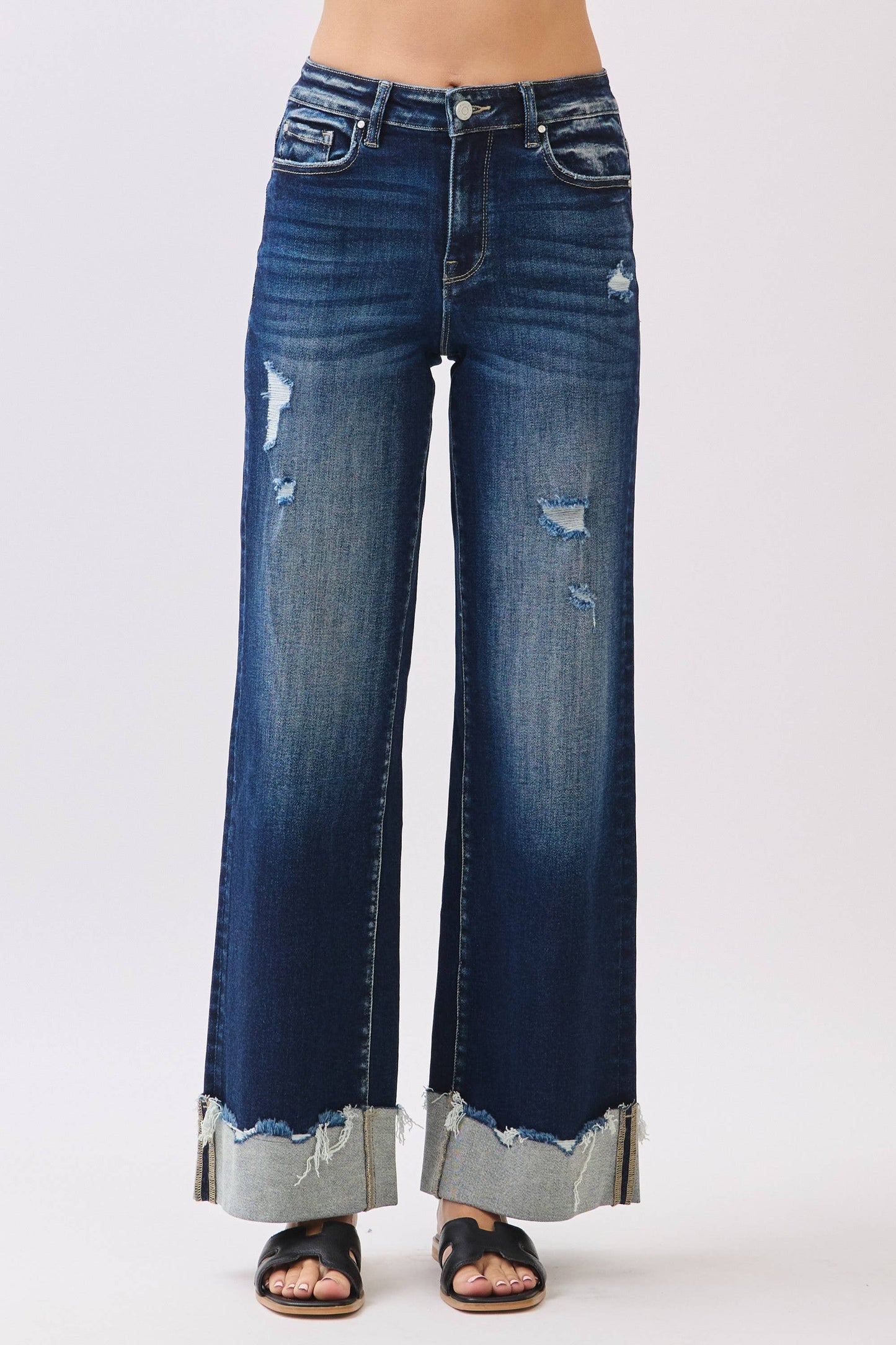 P1554W-DK HIGH RISE STRETCH WIDE LEG W/ CUFFED HEM JEANS: 9/28