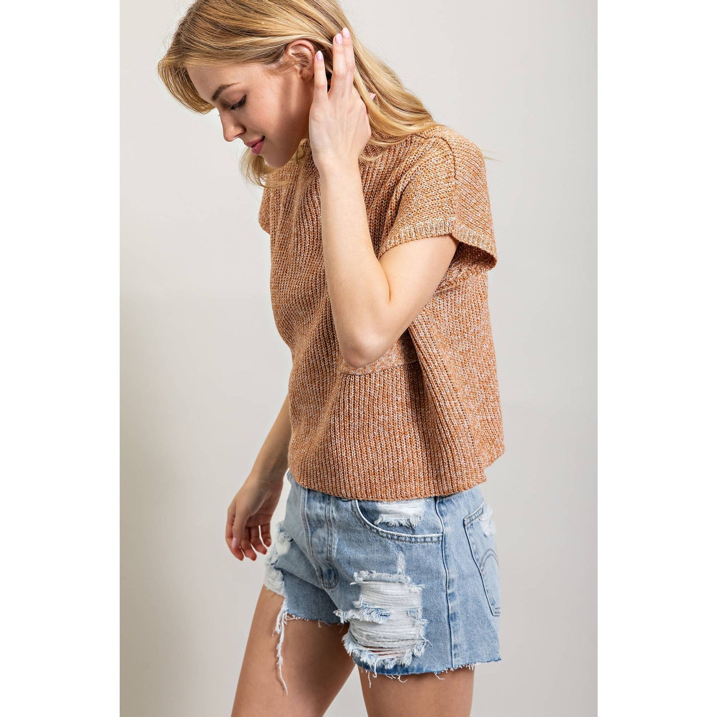 DROP SHOULDER RIB-KNIT SWEATER TOP: Taupe / S-M-L(2-2-2)