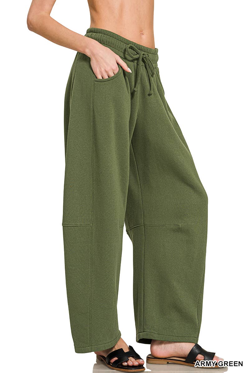 Fleece Barrel Leg Sweatpants w/ Pockets Zenana: LT BEIGE-201383 / L