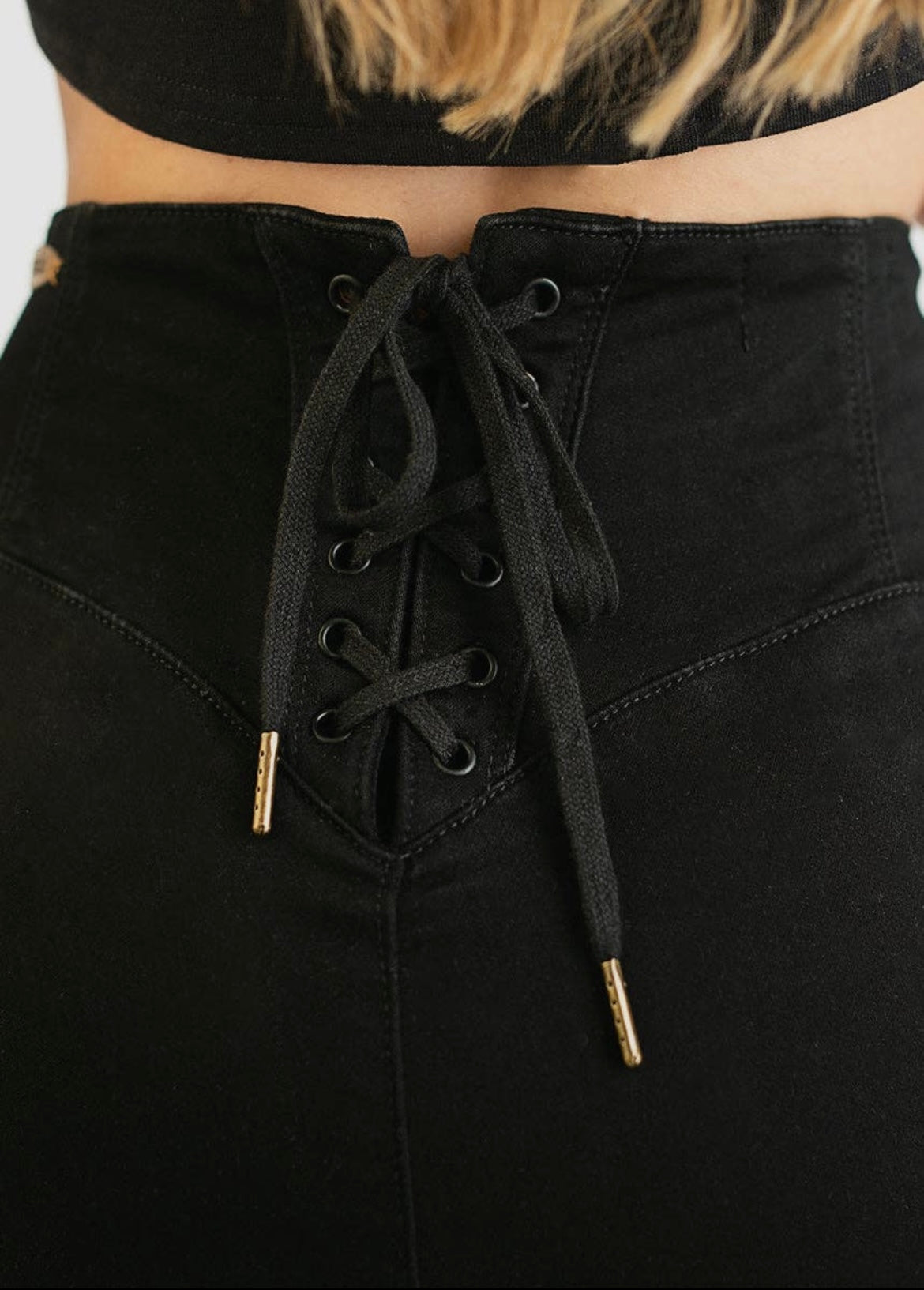 Lace up back black denim